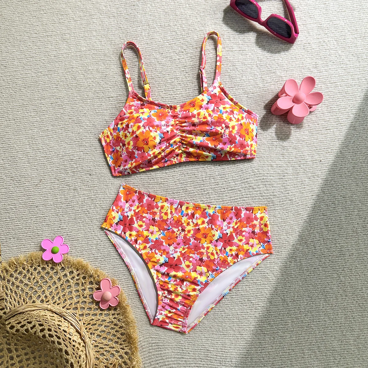 

Женский красно-оранжевый комплект бикини с цветочным принтом, на тонких бретельках, с драпировкой спереди, с высокой талией, из двух частей, летний пляжный купальник