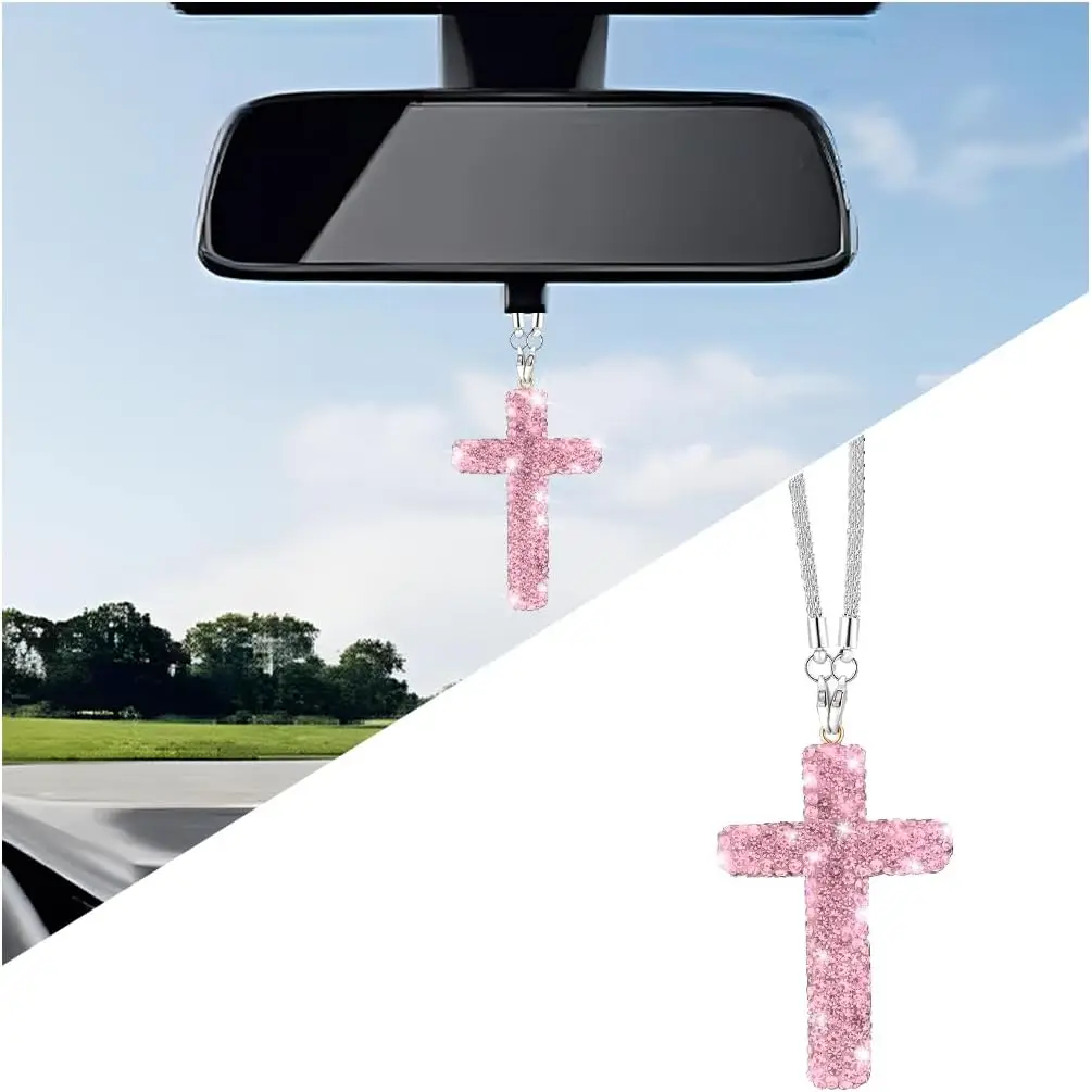 

Shining Crucifix Crystal Car Mirror Pendant Diamond Rhinestone Vehicle Ornament Universal Auto Interior Hanging Decor Accessory