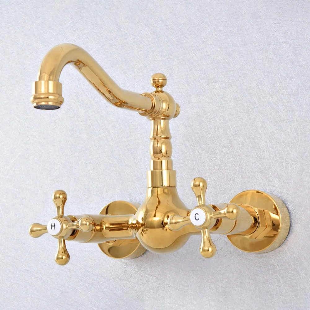 Polished Gold Color Brass Wall Mounted Double Cross Handles Bathroom Kitchen Sink Faucet Mixer Tap Swivel Spout asf621