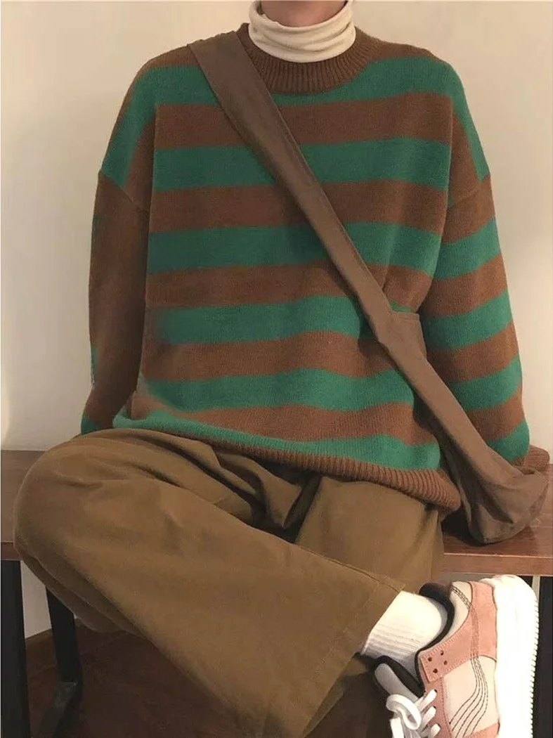 

American Sle Vintage round Ne Knitted Sweater Men's Patchwork Color Blo Loose Long Sve Sweatirt Thin Wool Cover irt