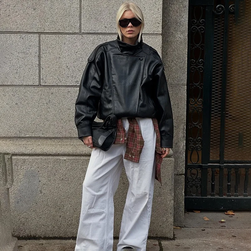 Ticketsx Fashion Leather Jackets Women Solid Lapel Button Zipper Patchwork Loose Coats Autumn Winter New Casual Streetwear Coats