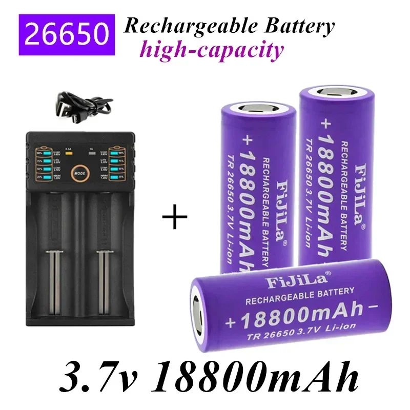 2022 Original New 26650 Battery 18800mAh 3.7V 50A Lithium Ion Rechargeable Battery For 26650 LED Flashlight + Charger