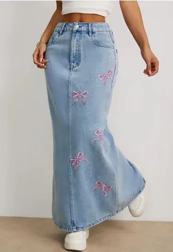 

New Women Summer Denim Skirts Casual Bow Embroidery Split Long Jeans Skirt For Beach Vacation Club Streetwear