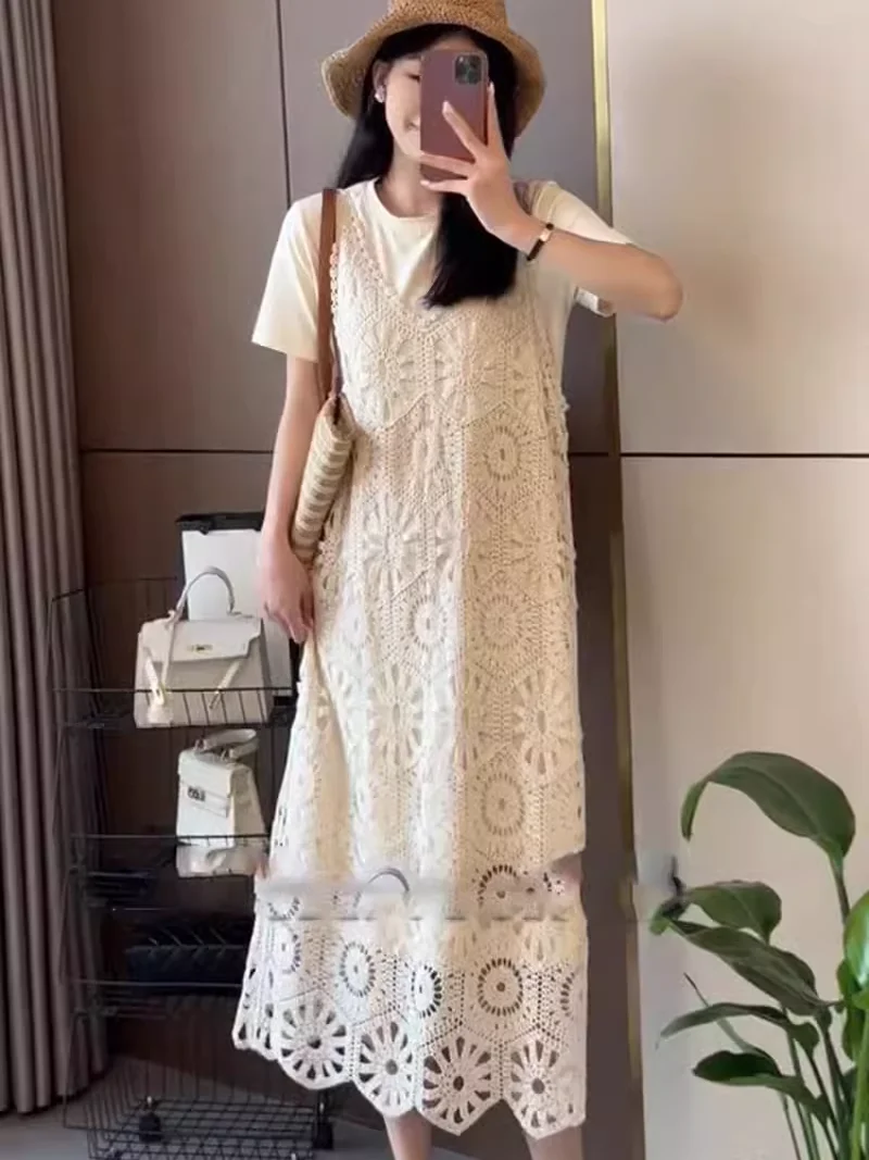 Ele T-shirt scavata e Dr Set Abito estivo di media lunghezza coreano allentato da donna con ricami floreali