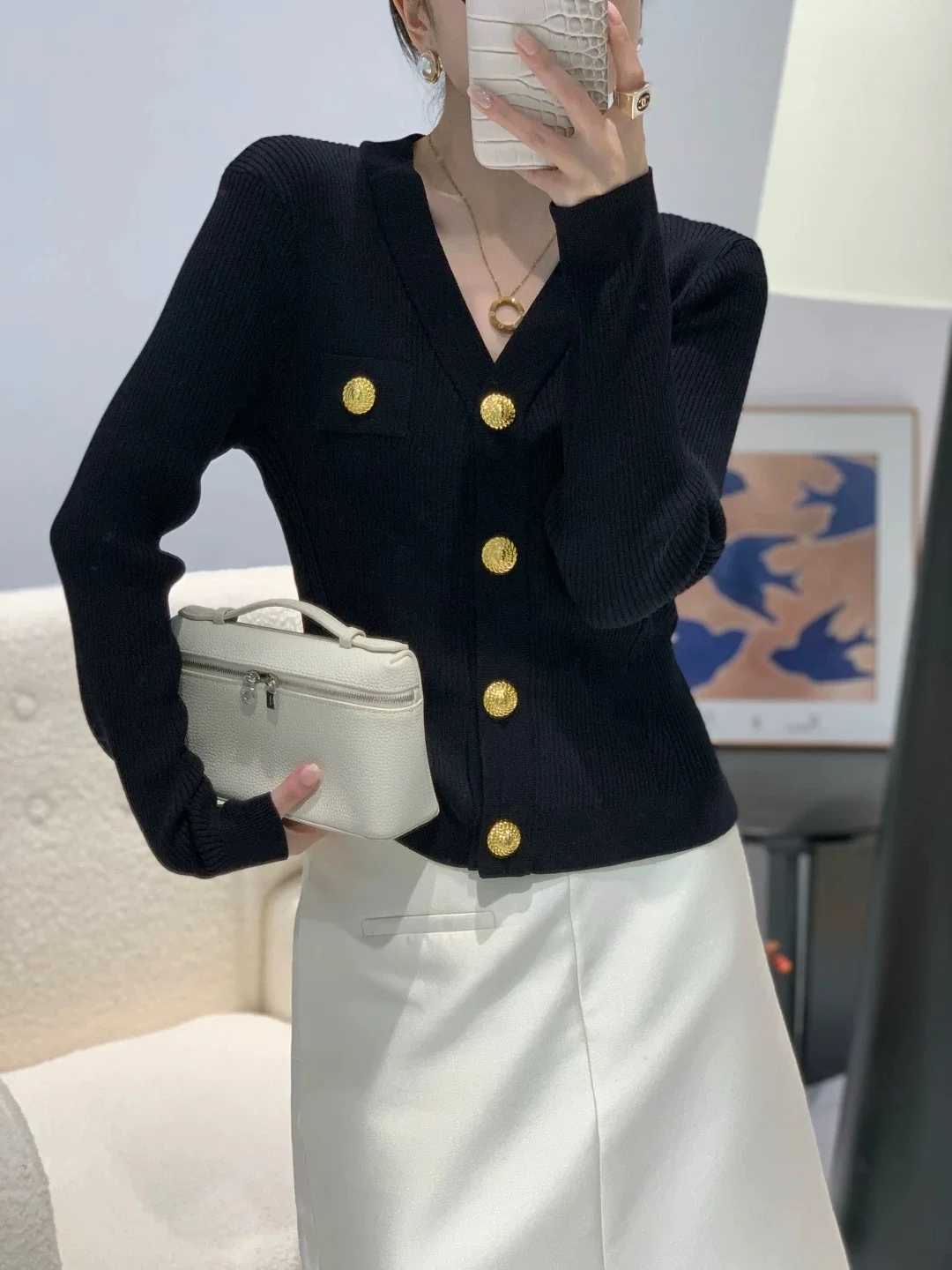 

Ele Long Sve вязаный открытый кардиган женский модный однотонный элитный европейский слей осень-зима золотые детали на пуговицах