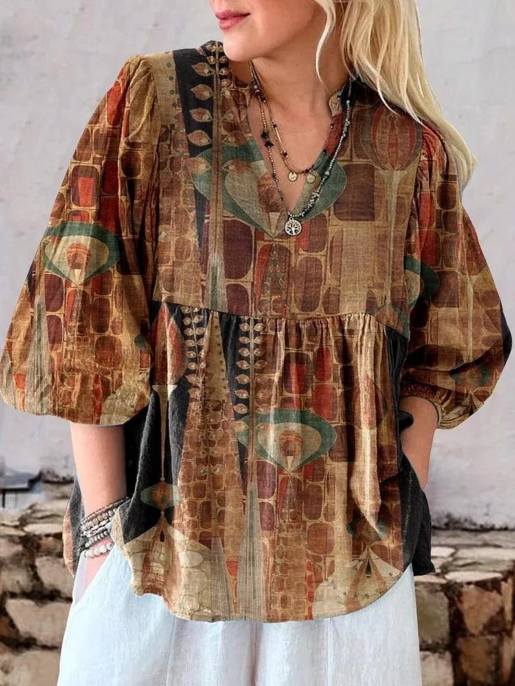 

Casual Vintage Print Shirt Top For Women Fashion V Neck Puff Sleeve Pullovers Loose Shirts Tops Lady Spring Summer Clothes New