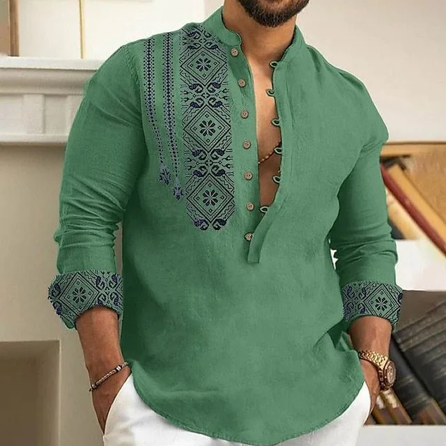 Summer Tops Men's Stand Collar Long Sleeve Printed White Casual Shirt Ethnic Print Buttonless Shirt Cheap Clothes Button Front