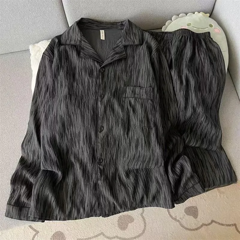 Men Pajamas Set Plus Size New Spring Long-Sleeved Long Trousers Nightwear Homewear Two-Piece Striped Simple Sleepwear Loungewear