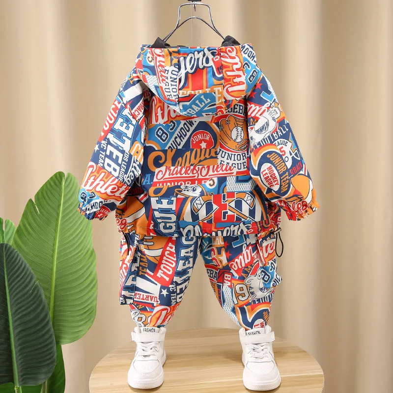 Spring Baby Boys Girls Clothes Sets Children\'s Suit Kids Long-sleeved Hooded Graffiti Printing Sweater + Pants 2PCS Suits 2-12Y