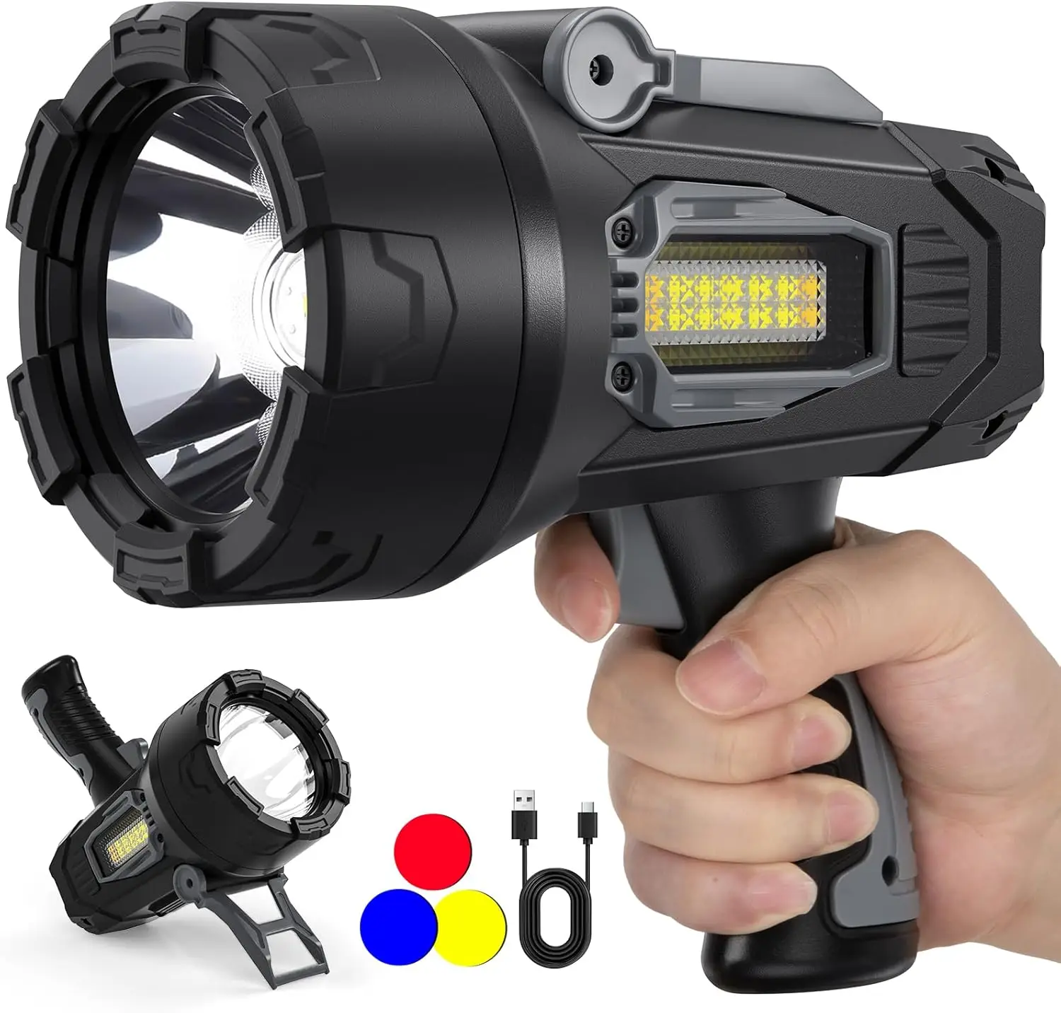 

Rechargeable 99000 Lumens Spotlight, Super Bright LED Flashlight with 3 Color Lenses & Foldable Stand, Waterproof for Outdoor Hu