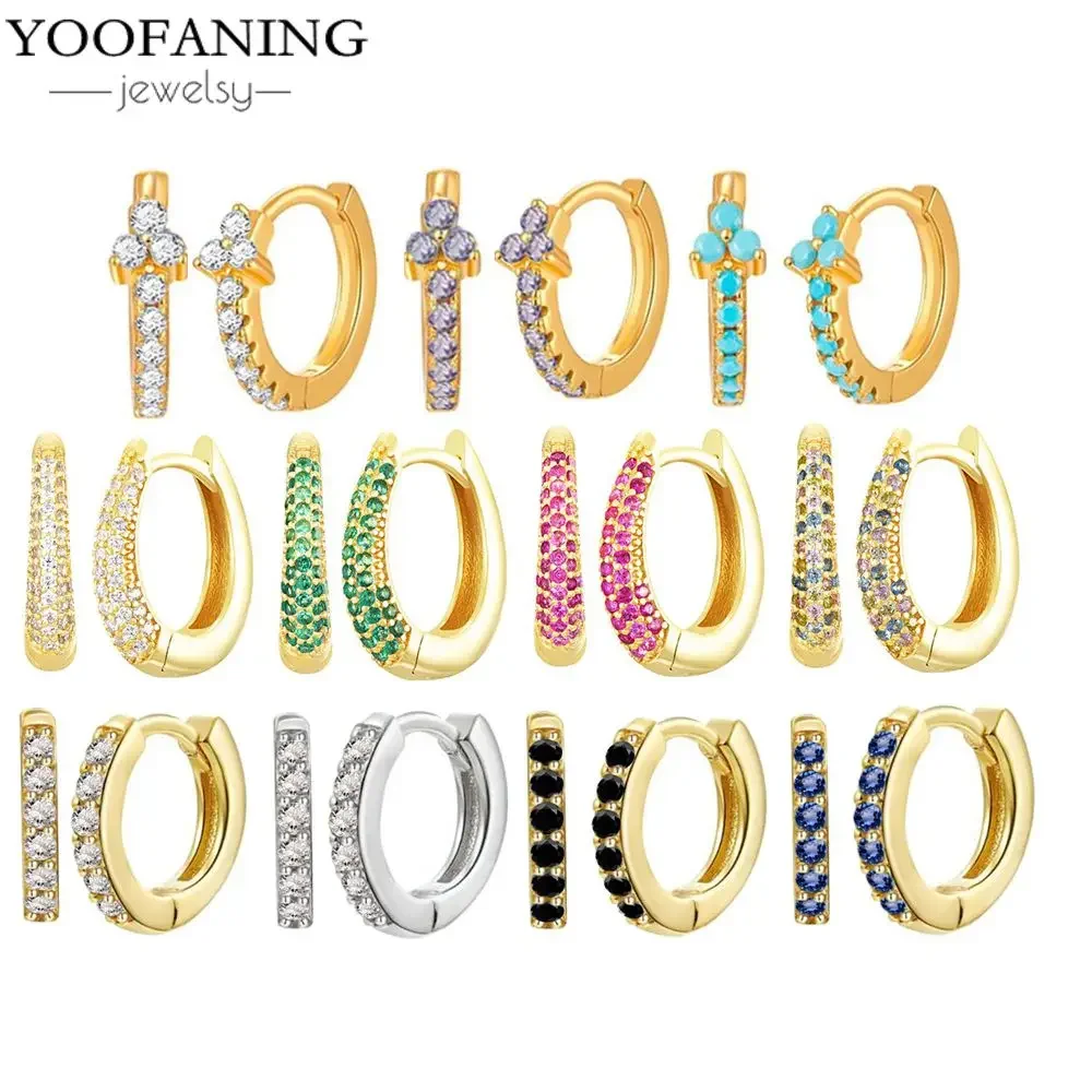 YOOFANING  925 Sterling Silver Ear Needle Hoop Earrings Oval Colorful Zircon Earrings CZ 2025 Rock Punk Jewelry for European