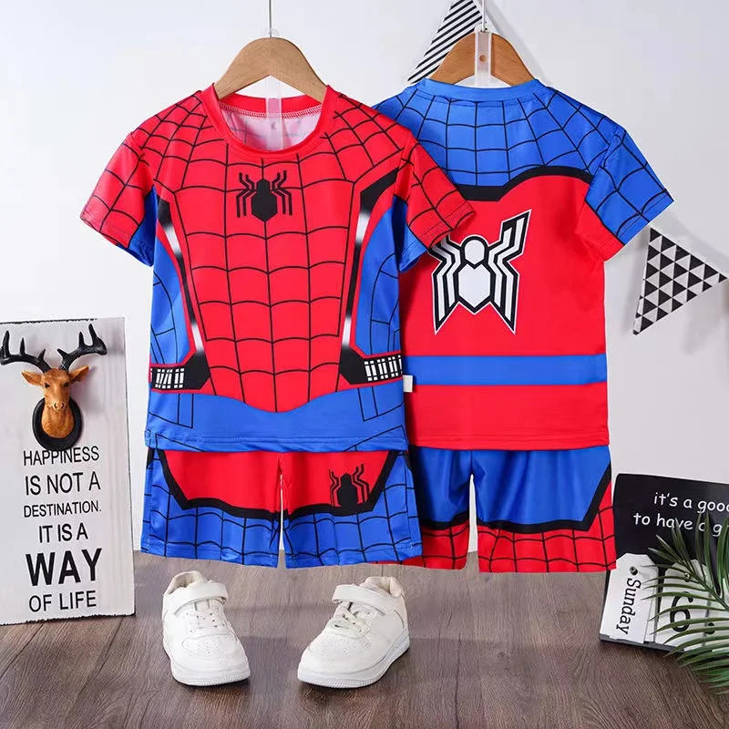 Summer Kid Pajamas Set Baby Boy Clothes Pant Children Short Sleeve Sleepwear Cartoon Captain America Spiderman Toddler Pyjamas