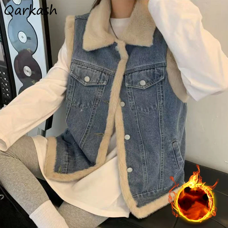 Vests Women Winter Coats Thicken Denim Clothing Korean Fashion Students Minimalist Girlish All-match Пиджак Женский Casual Cozy