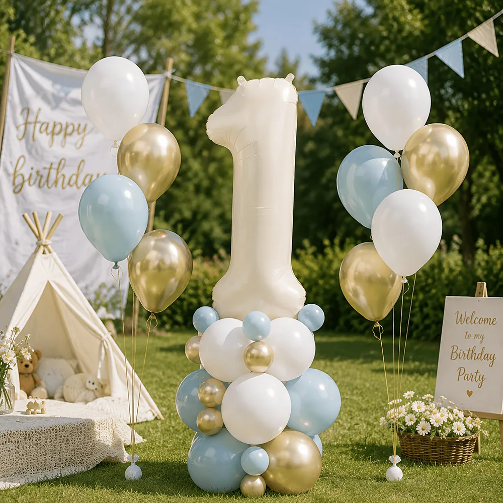 39Pcs Cream Number 1-9 1st Birthday Balloons Blue Gold White Balloon set for Birthday Party Anniversary Decoration Baby Shower