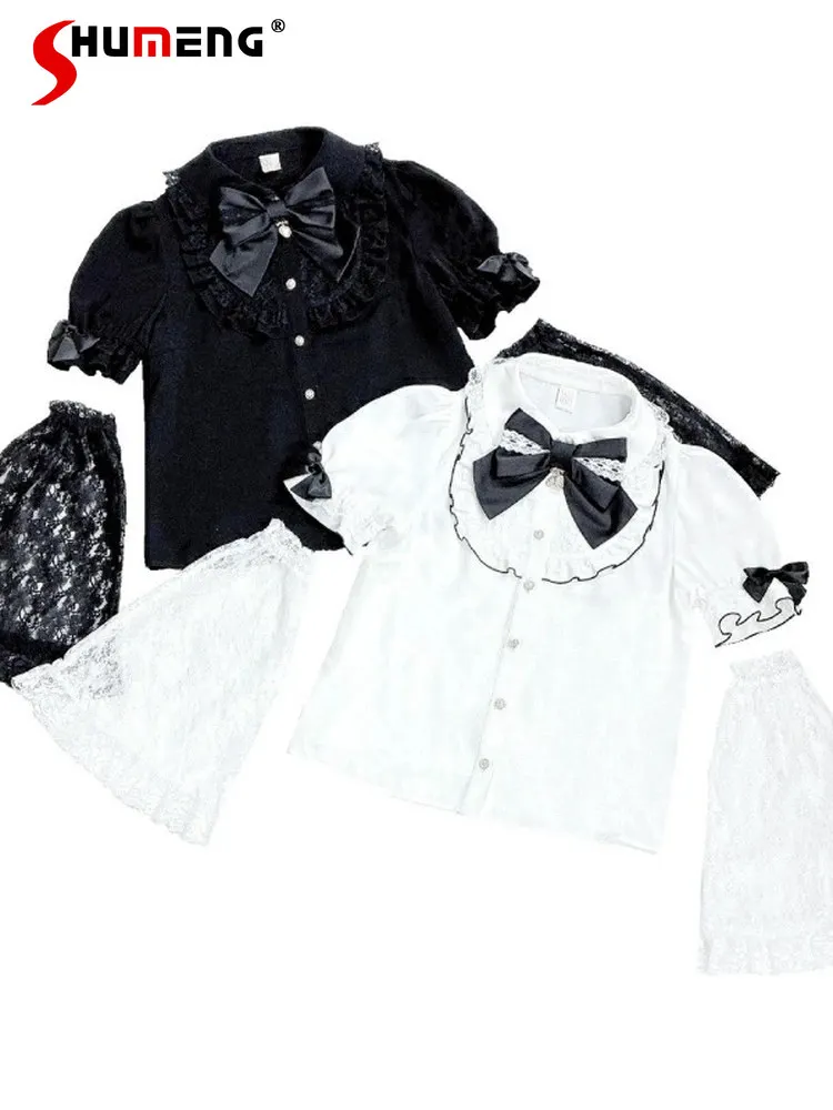 

Японская блузка в стиле Майнс, массовое производство, с кружевными вставками, воротником-куклой, бантом, однобортная, милая, универсальная, женская рубашка-топ