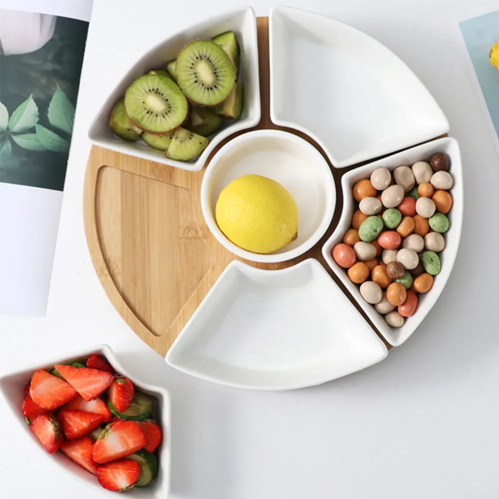 

1Set Elegant Ceramic Compartment Plate with Bamboo Tray Large Capacity Divided Serving Dish for Home Kitchen Dining
