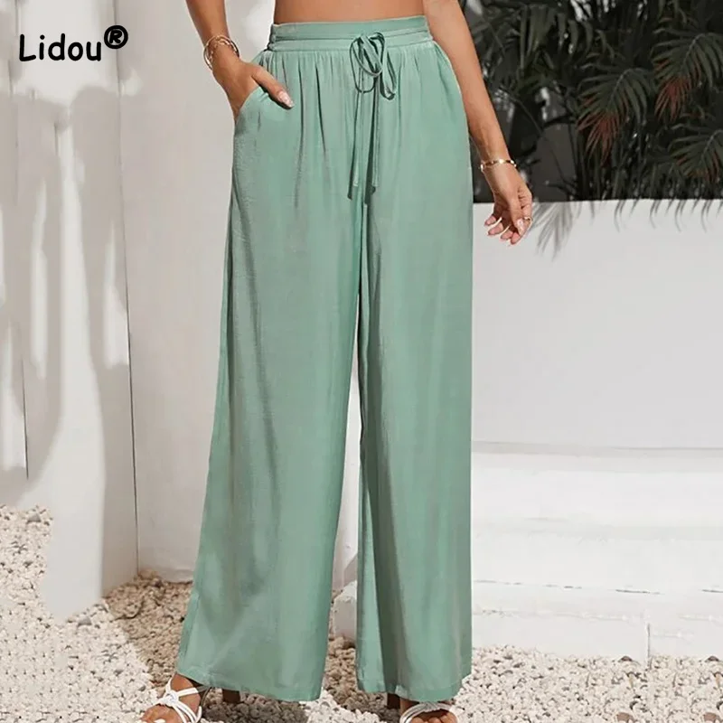 

Fashion Women's Clothing Summer New Lacing Splicing Pockets Solid Color High Waist Trousers Casual Grey Loose Wide Leg Pants