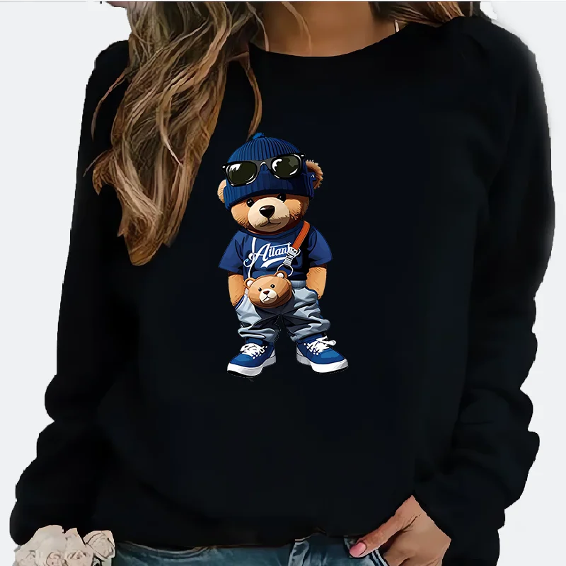 Unisex Autumn Winter round Neck Hoodie Fashionable Unique Bear Print Warm Top Cozy All-Season Pullover Sweatshirt