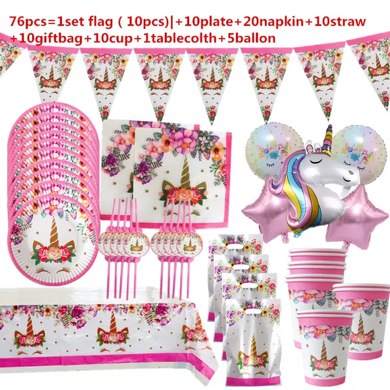 Unicorn Party Supplies Disposable Tableware Set Kids Birthday party Decoration Unicornio Decor Plates Cup Banner Baby Shower