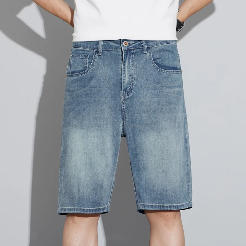 Ice Silk Lyocell Denim Shorts Men's Summer Ultra-thin Elastic Loose Straight Knee-length Jeans Soft Cool Casual Bermuda Shorts