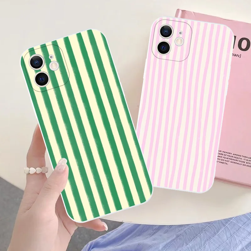 

INS Fashion Stripe Checks Pattern Phone Case For iPhone 16 15 11 12 14 13 Pro Max Mini X XSMax XR 7 8 Plus SE4 16e Silica Covers