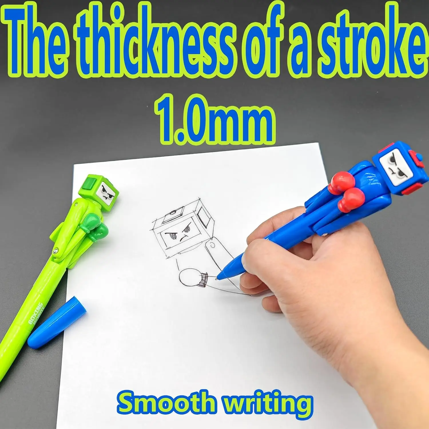 1/2/4 Stück Boxstift-Roboter mit Schlagarm und knackigem Tastenton – Lustiger, cooler Neuheitsstift – Boxgeschenke – Blau-Grün – Detail 6