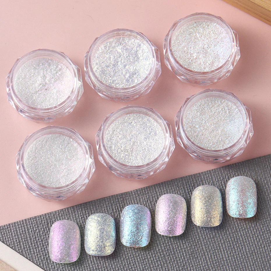 6 scatole Aurora cristallo bianco opale polvere per unghie olografica iridescente glitter paillettes strofinare polvere sirena camaleonte fiocchi manicure fai da te