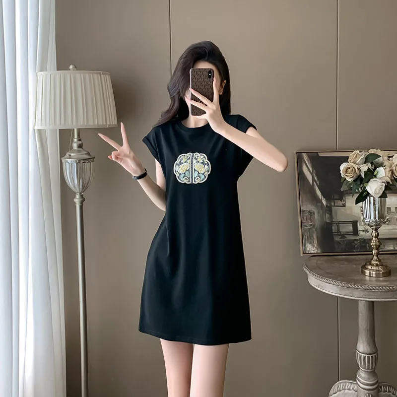 Summer Fashion High Waist Pure Cotton Black A-Line Dress Casual T-Shirt Dress Women's Clothing Short Sleeve round Neck