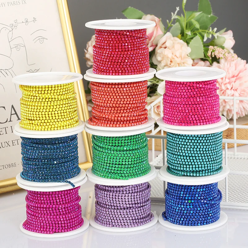 PEESOM New!2mm Mocha Rhinestone Cup Chain Colourful Base Sew On Crystal Trim Chain Applique for Clothing