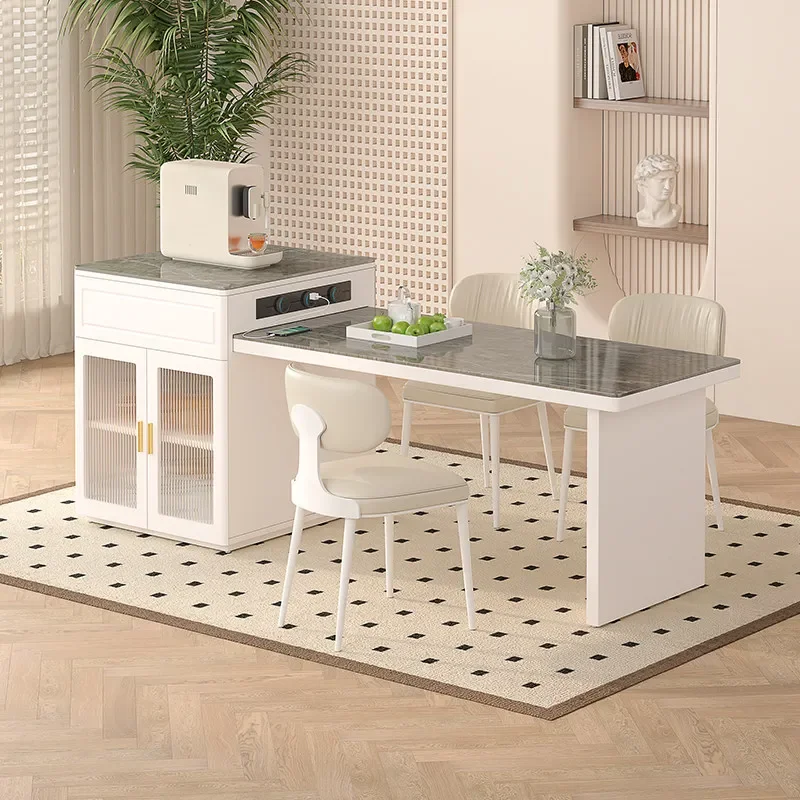 Rock slab island dining table integrated retractable with induction cooker small apartment household modern light luxury table p