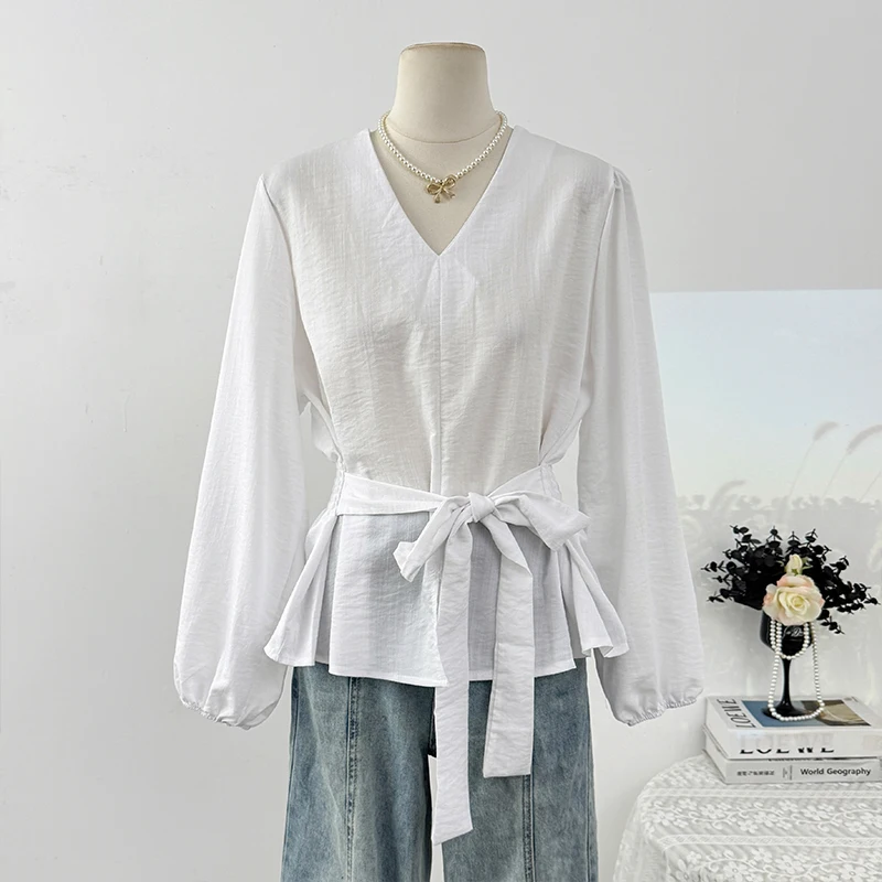 Повседневные топы в корейском стиле в стиле ретро, модная рубашка с v-образным вырезом и пышными рукавами для женщин, осень 2022, топ с завязками на талии и поясом