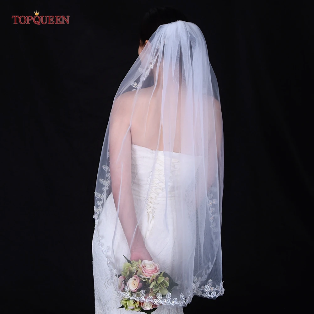 TOPQUEEN Boho Wedding Veils Sequined Leaf Shape Beaded Edge Bridal Veil 2024 Single Tier Beaded Lace Fingertip/Knee Length V201