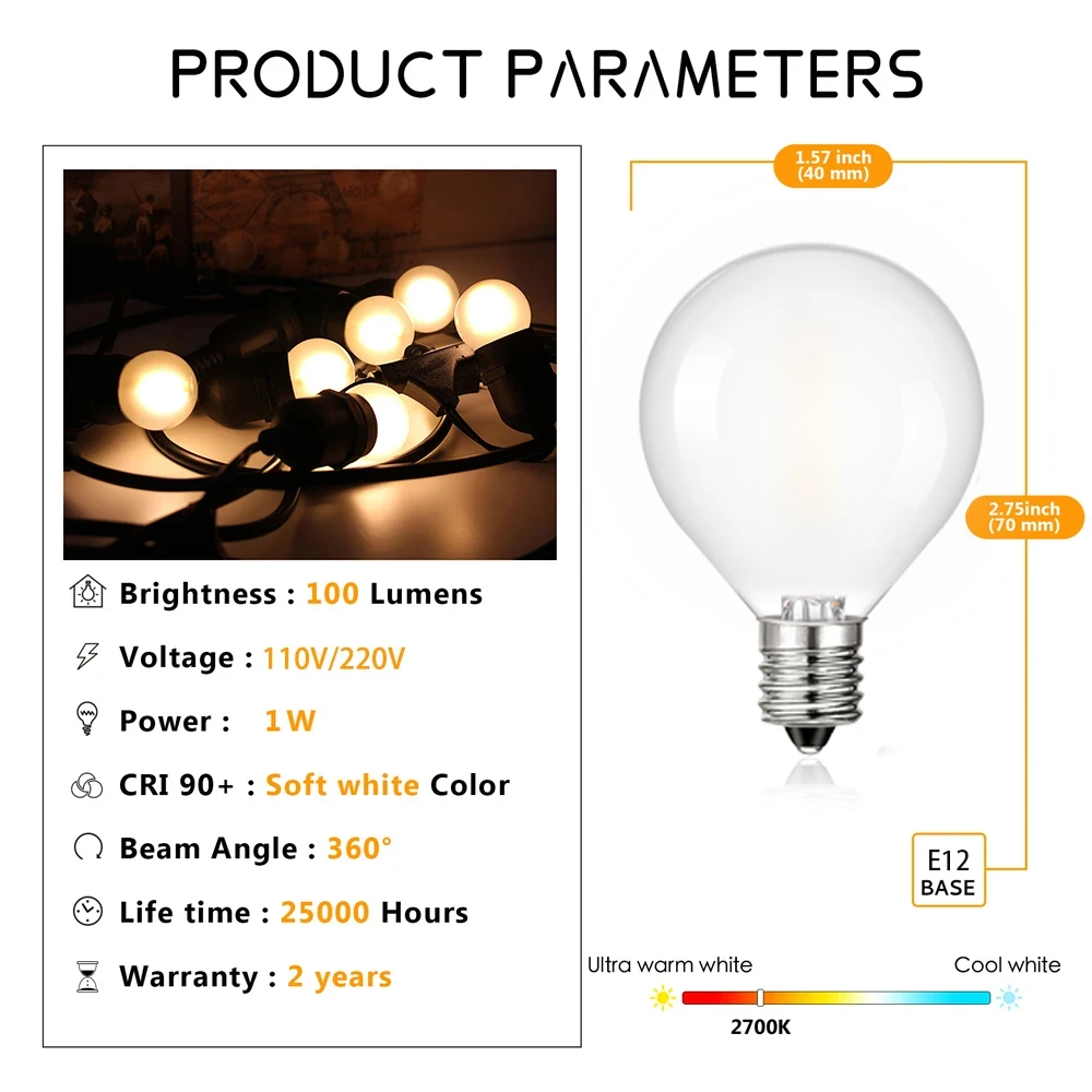 Frosting G40 Led Bulb E12 110V 220V Warm White 1W Vintage Replaceable Waterproof Outdoor For String Light Christmas Decoration