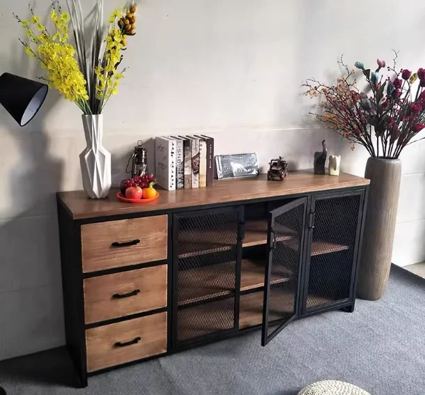 For Large Bar Cabinet with Fridge Space,  Liquor Cabinet with Drawer Storage, Farmhouse Wood Metal Wine Cabinet with