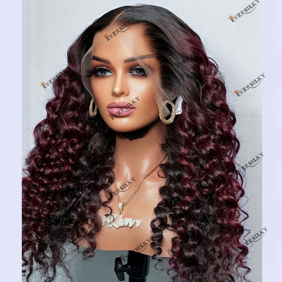 Bouncy Wand Curl Plum Burgundy Human Hair 13x6 Lace Front Wig Natural Human Hair 200 Density Lace Front Wig for Black Women