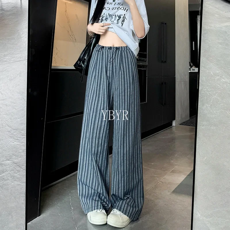 

Vintage Striped Wide-legged Pants Women High Waist Pants Loose Drape Casual Straight Sweatpants Breathable Drawstring Trousers