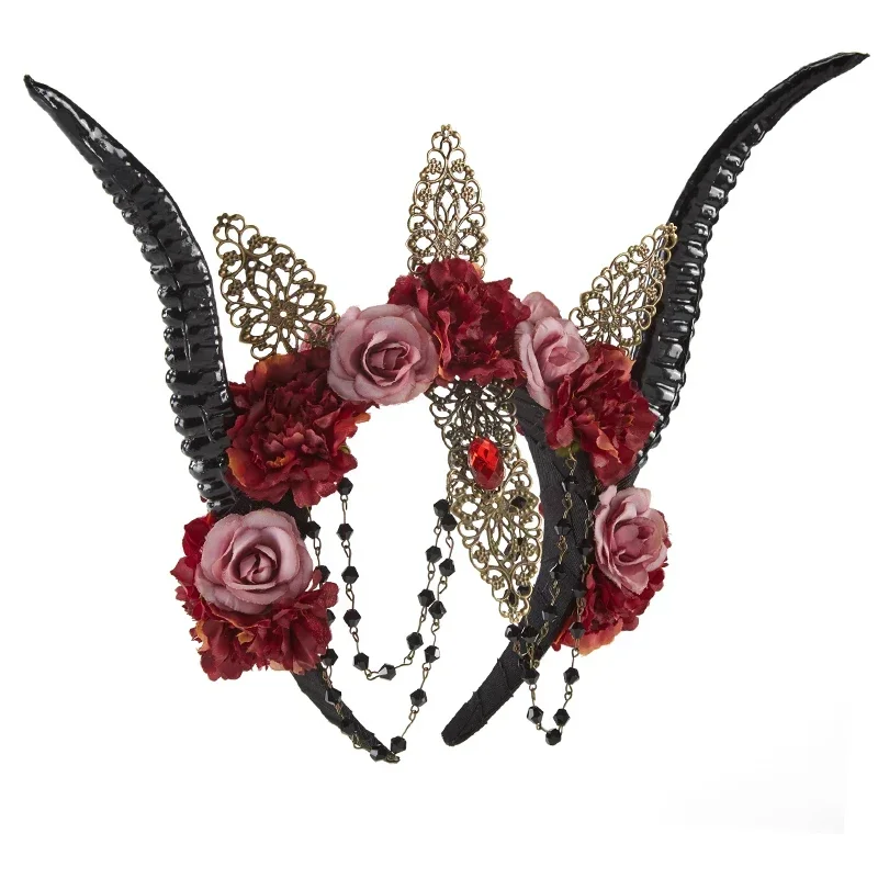 Cosbao Women Flower Gothic Lolita Crown Halloween Antelope Horns Headband Goth Party Anime Headpiece