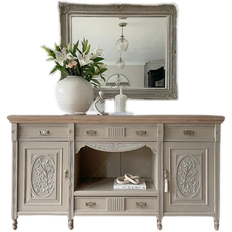 

Nordic retro old solid wood dining side cabinet French engraved restaurant dishes storage side cabinet