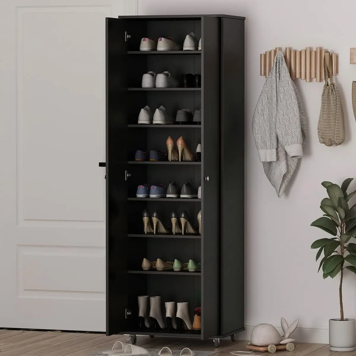 

Large Shoe Cabinet With Wheels Wooden 2 Door Tall Shoe Storage Ra 7 Adjustable Shelves Cabinet For Office,Home,Garage Black