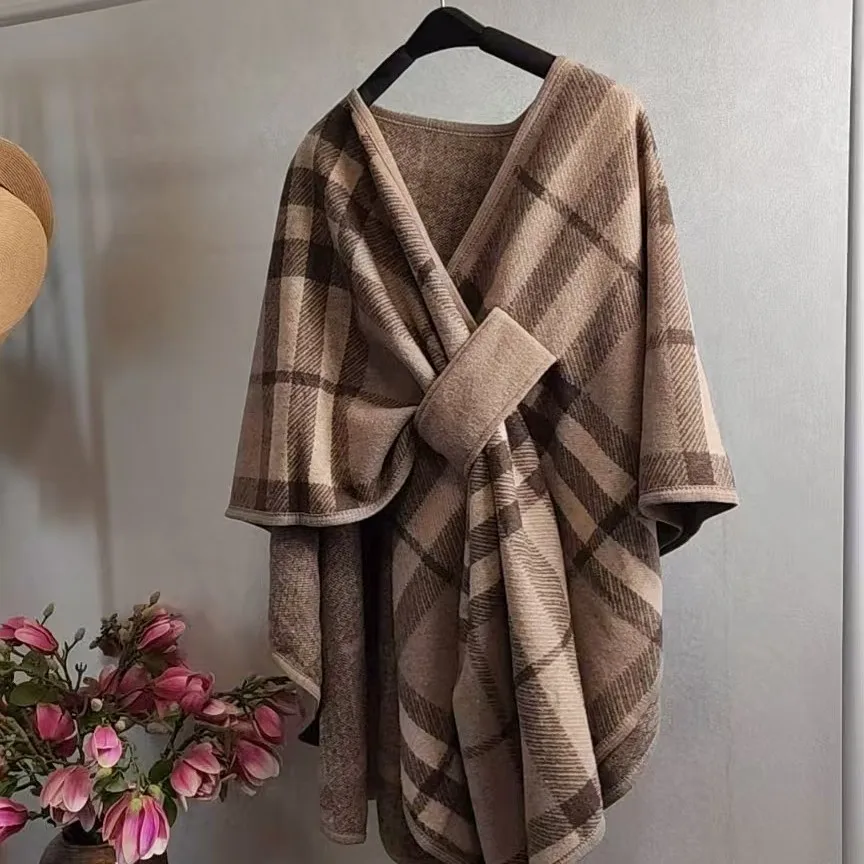 ​ Classic Semi Circle Cross Over Shawl Double Sided Plaid Wrap Women Autumn Winter Cape