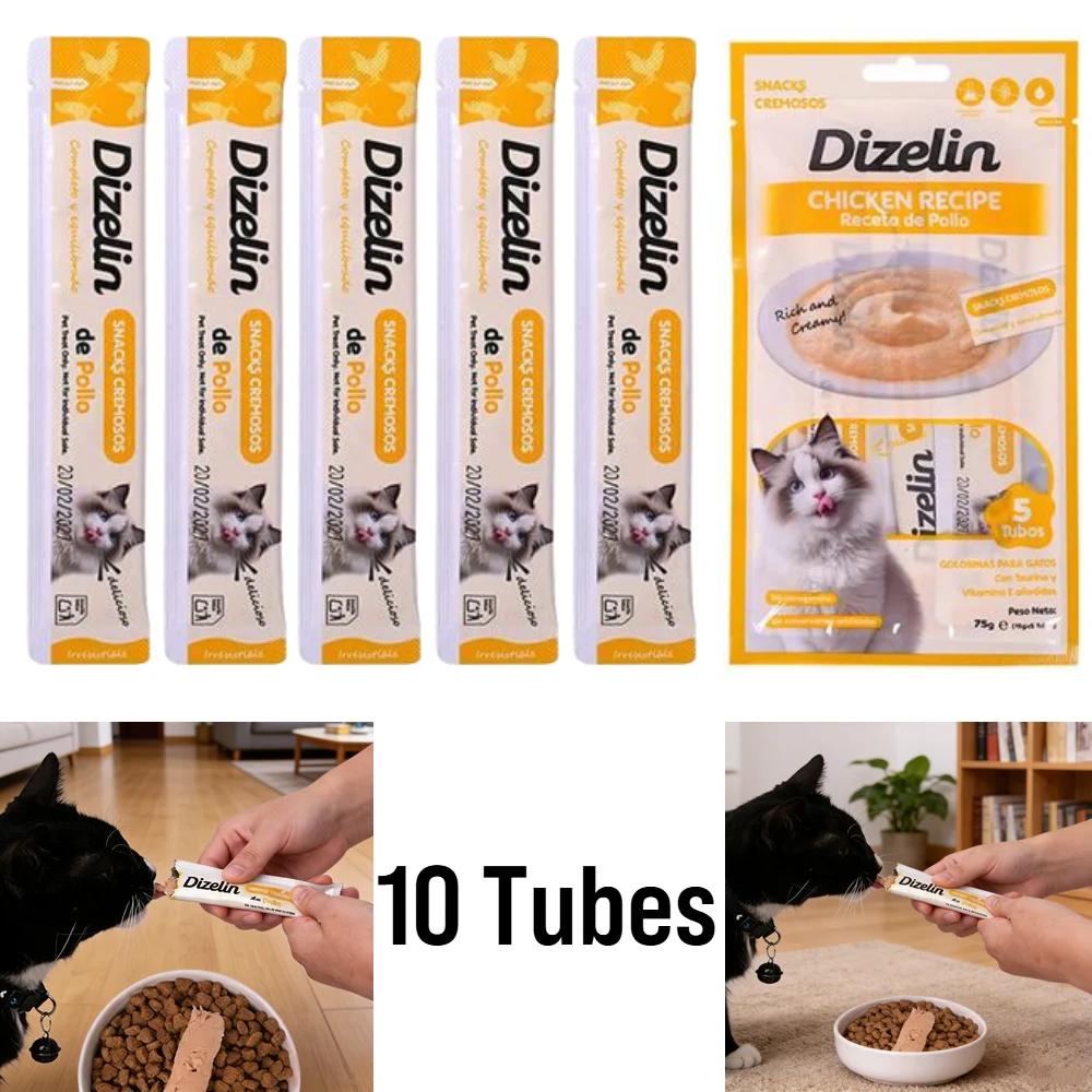 10 Tubos, Golosinas para Gatos, Puré Cremoso Exprimible, 15g por Tubo para Gatitos y Gatos Adultos, Perfecto para Recompensas de Entrenamiento y Interacción Diaria (Pollo Cremoso)