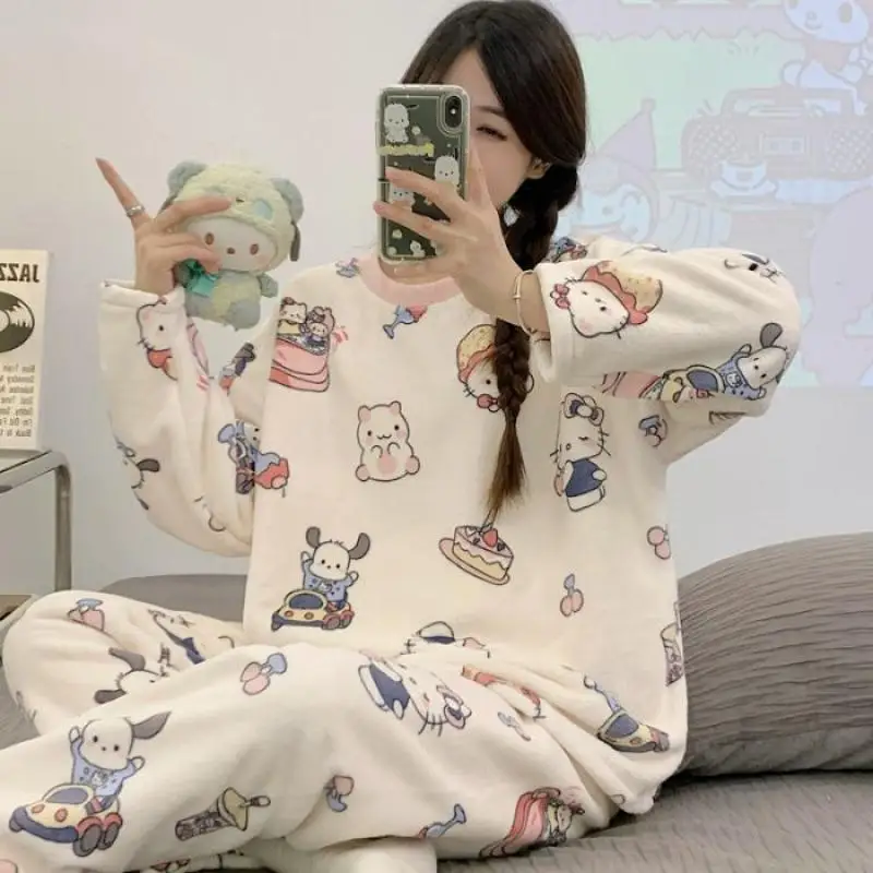 Cartoon Sanrio Hello Kitty Pajama Set Student Kawaii Kuromi Cinnamoroll Hangyodon Girl Autumn Winter Thicken Keep Warm Home Wear