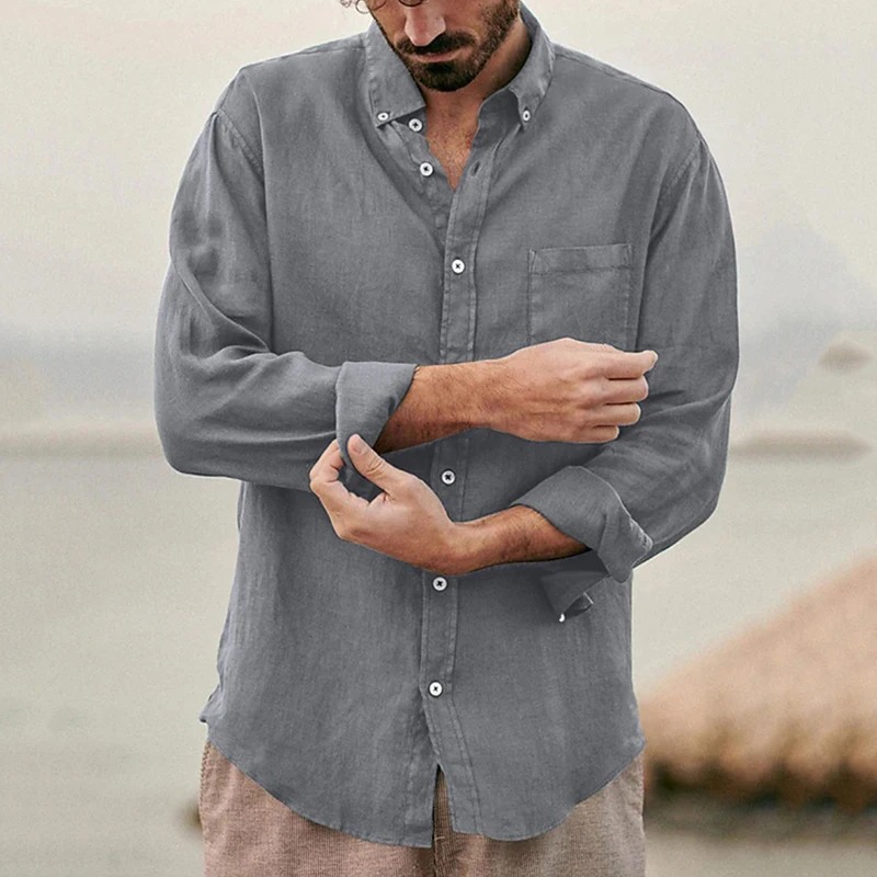 2024 Spring Casual Solid Color Cotton Shirts Men Long Sleeve Buttoned Turn-down Collar Shirt Fashion Mens Clothing Vintage Tops