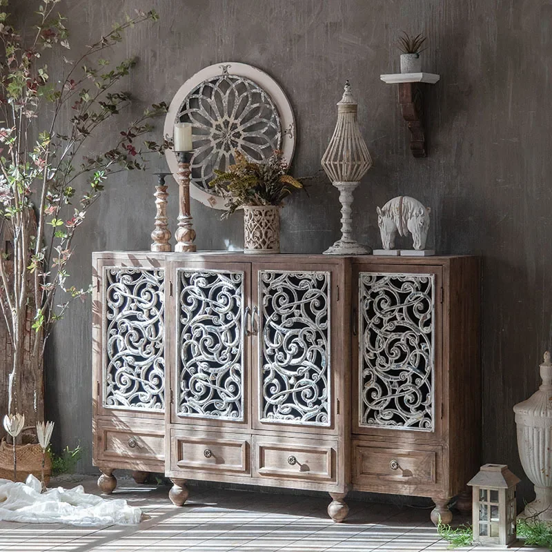 American Country Style Retro Engraved Shoe Cabinet Living Room Entrance Storage Unit Vintage Decor Integrated Hallway