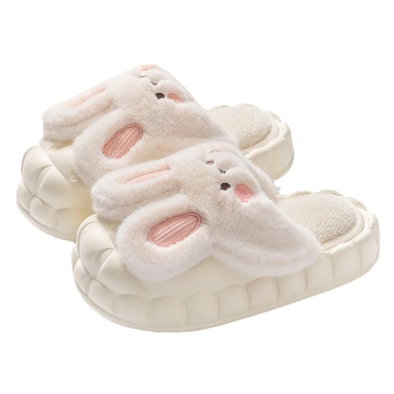 Mo Dou 2022 Winter Warm Women Slippers Waterproof Vamp Cute Rabbit Bear Decoration Indoor Outdoor Shoes Soft Plush Men Slippers