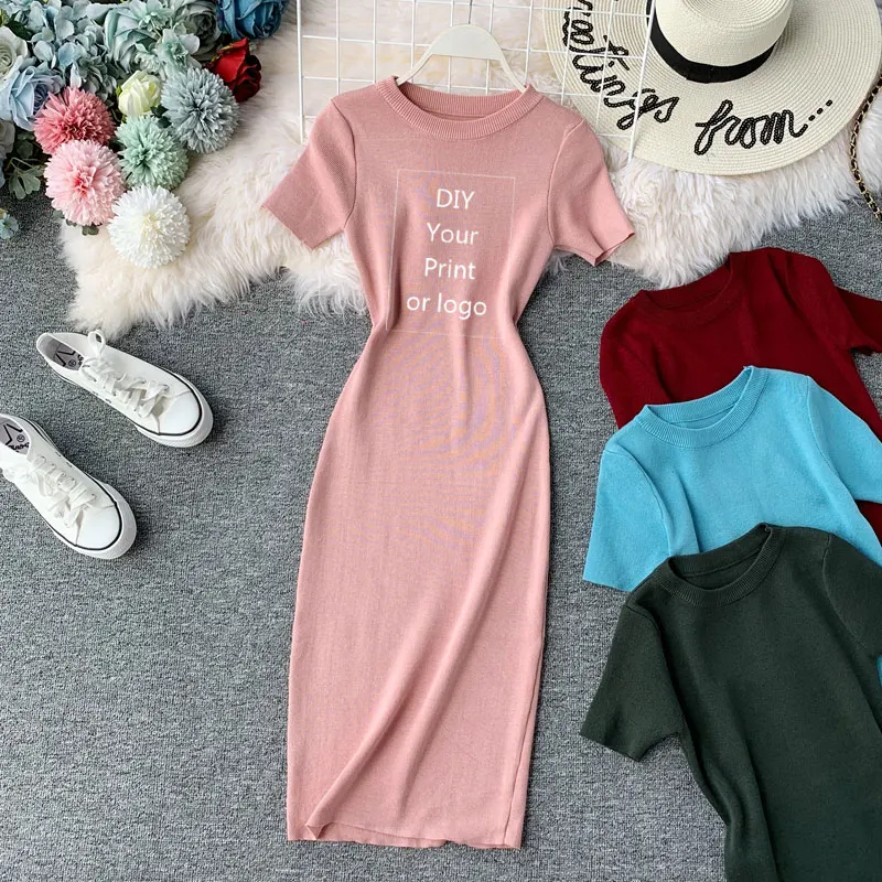 New DIY Your Like Photo or Logo New Short Sleeve Solid Vintage Women Dress Korean Knit Stretch Waist Elegant O Neck Mini Dress