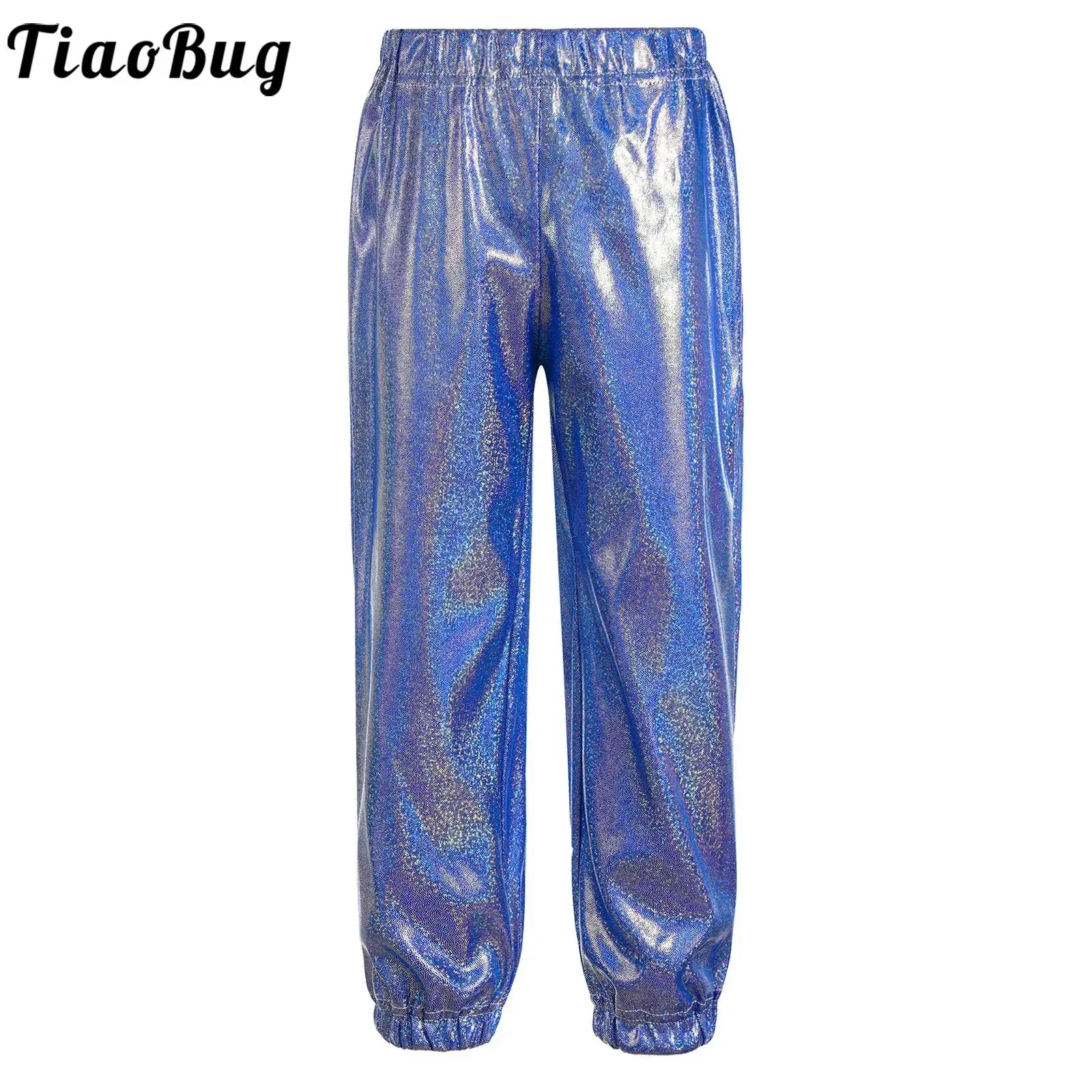 Kids Girls Boys Glittery Metallic Pants Dance Performance Costumes Shiny Elastic Waistband Trousers Unisex Children Dancewear