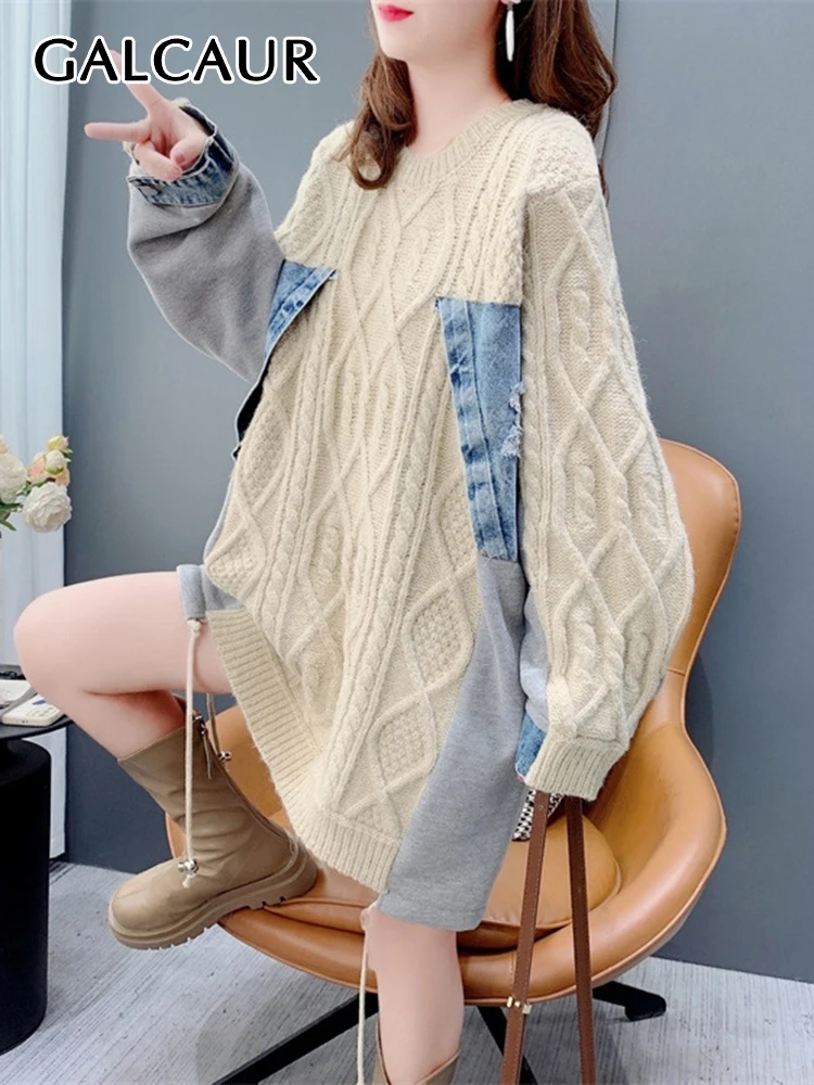 

GALCAUR Patchwork Denim Hit Color Sweaters For Women Round Neck Long Sleeves Casual Chic Pullover Sweater Female Autumn Clothing