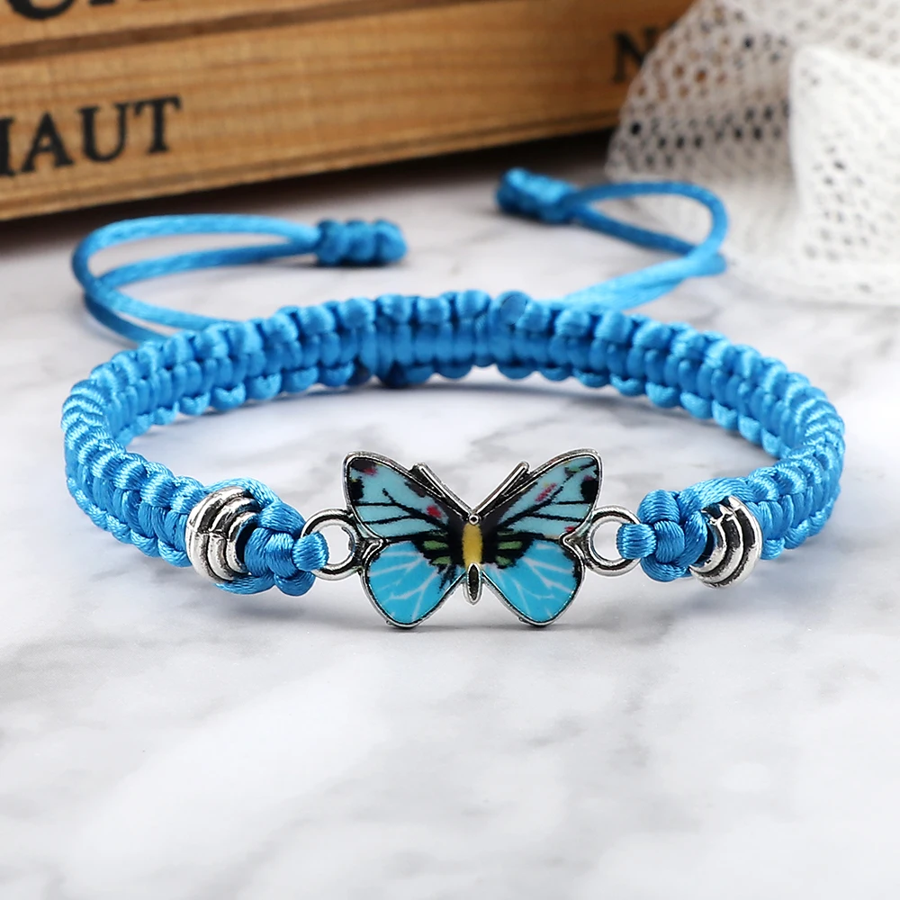 Handmade Braided String Bracelet For Women Blue Butterfly Pendant Adjustable Charm Bracelets&Bangles Fashion Girl Jewelry Gifts