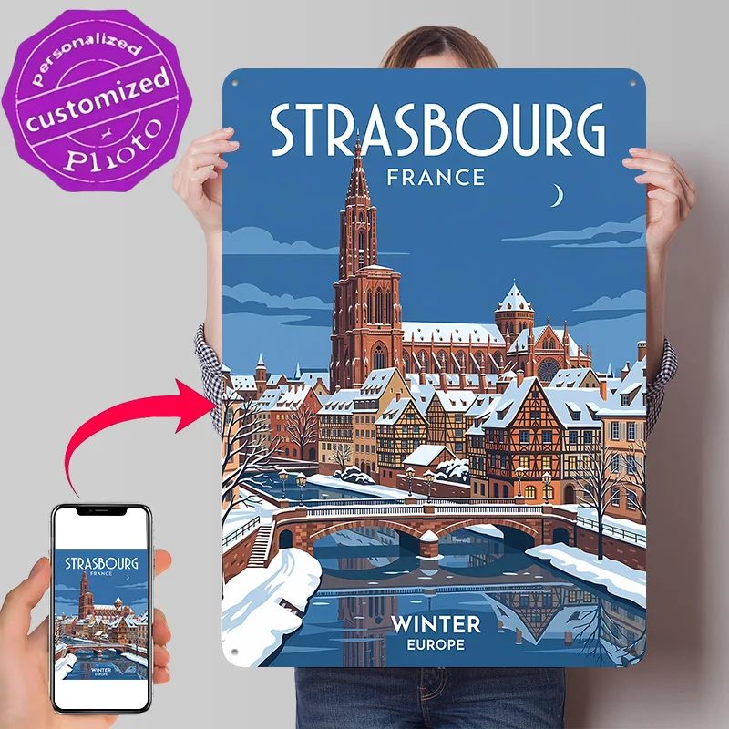 Strasbourg Winter Travel 3D Texture Metal Poster Customized Wall Art Tin Sign Gift for Mancave Home Decor Ornaments Wand Deko